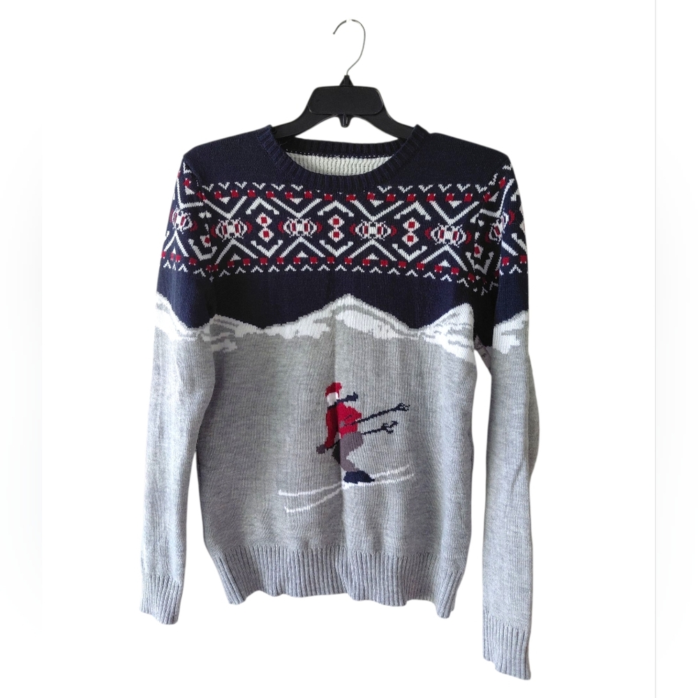 Stylish Navy and Gray Crewneck Sweater Large